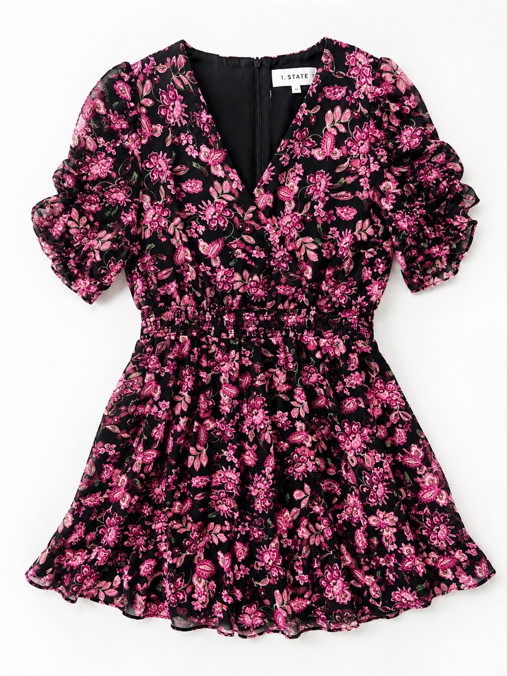 1. State Black Mini Dress with Pink Floral Print